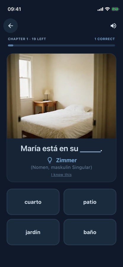 LingoLock: a Spanish fill-in-the-blank card.