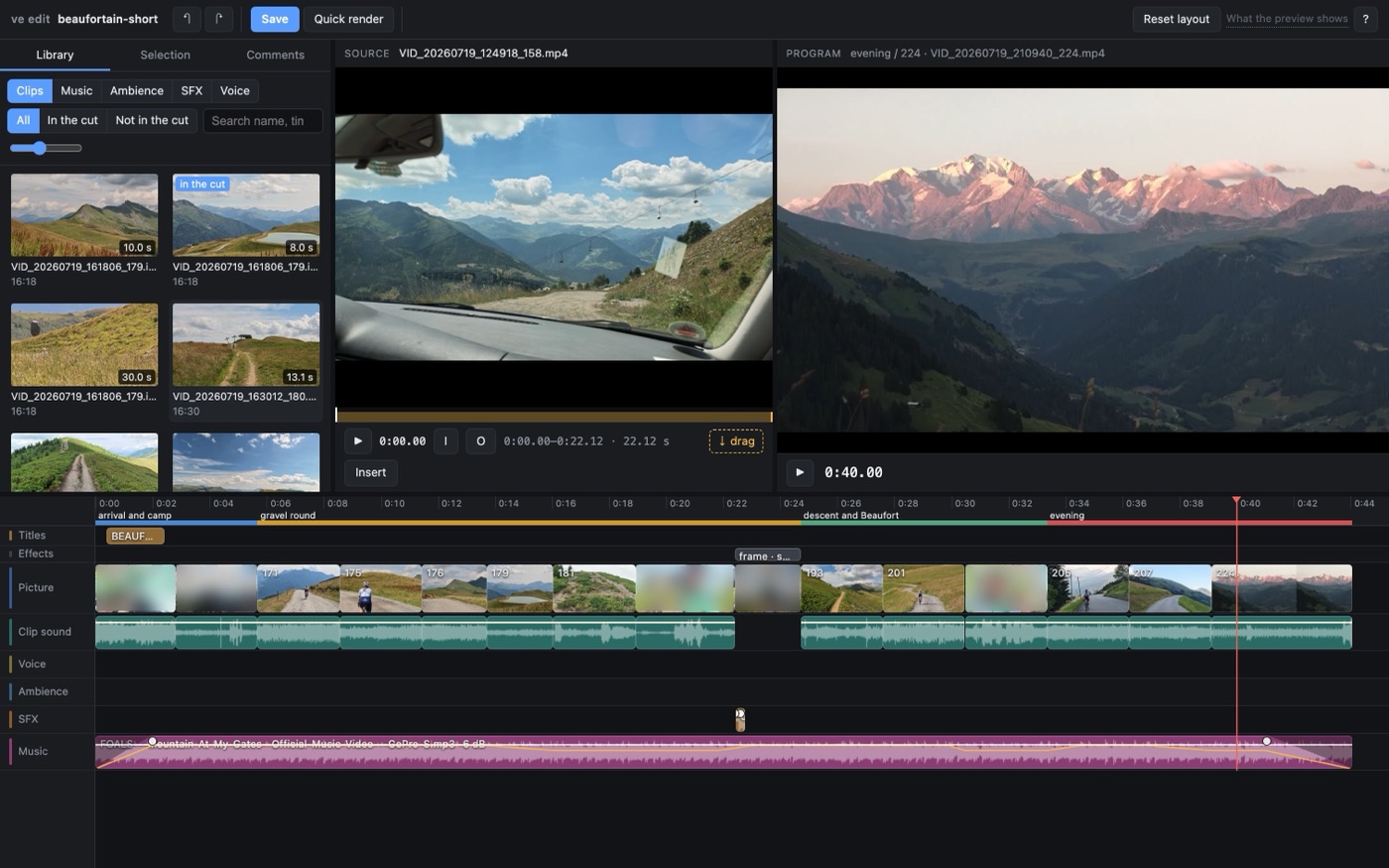 The video editor for AI agents: clip library, two monitors and a multitrack timeline.